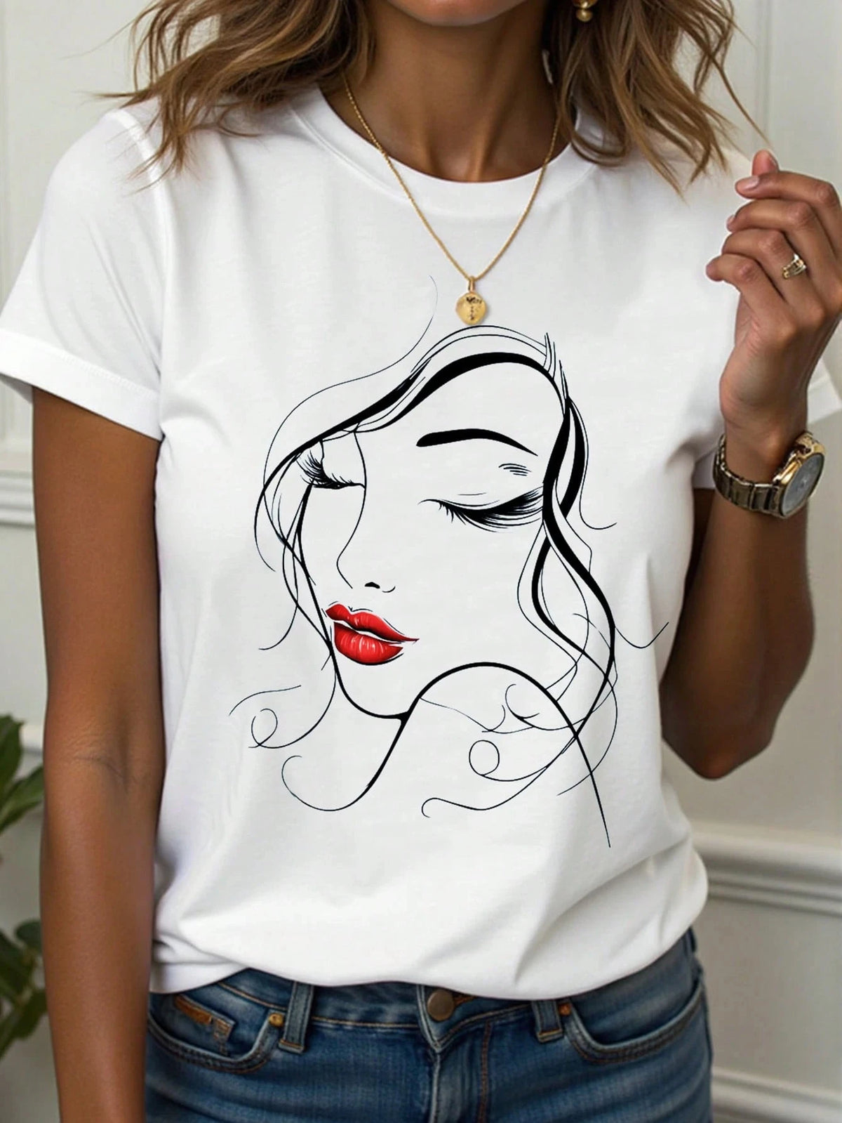 Women's T-Shirt Abstract Face Line Art Graphic Print Tops Casual O-Neck Short Sleeve Tee Summer Outdoor Fashion Female Clothing