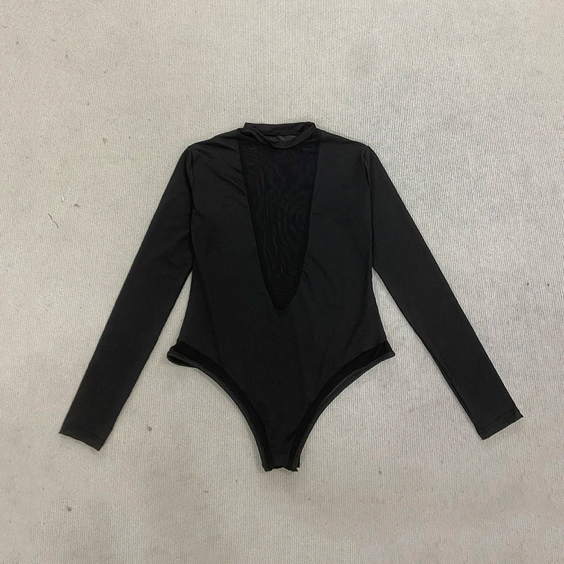 Spring Summer Sexy Deep V-Neck Mesh Splicing Long Sleeve Jumpsuit Fashionable Casual Women's Clothing