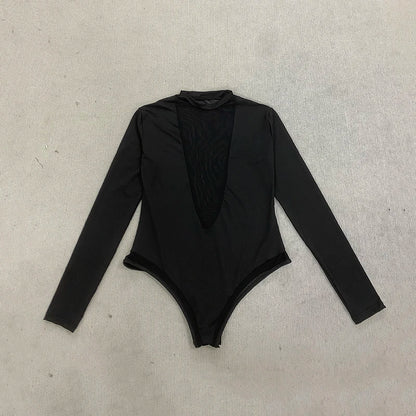 Spring Summer Sexy Deep V-Neck Mesh Splicing Long Sleeve Jumpsuit Fashionable Casual Women's Clothing
