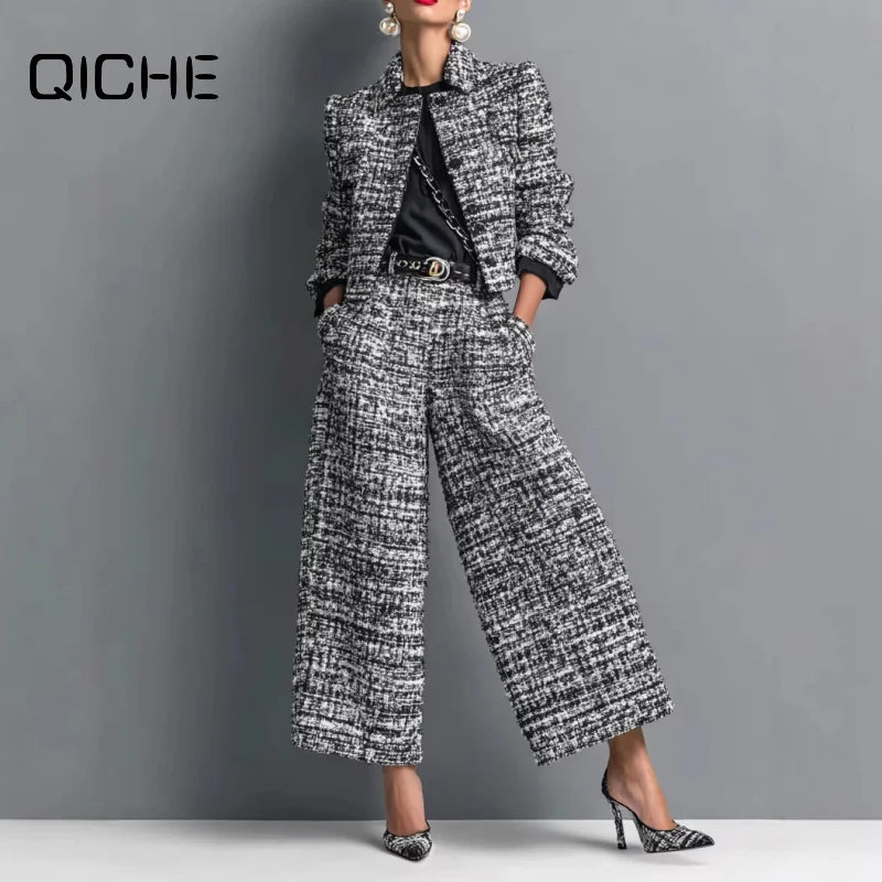 QICHE New 2026 Women European Matching Set Lapel Long‑Sleeve Cropped Jacket Slim‑Fit Wide‑Leg Pants Outfit