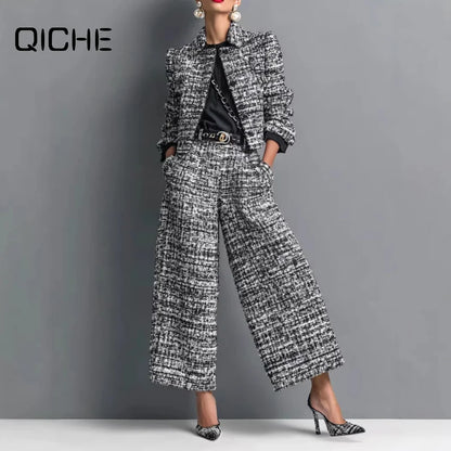 QICHE New 2026 Women European Matching Set Lapel Long‑Sleeve Cropped Jacket Slim‑Fit Wide‑Leg Pants Outfit