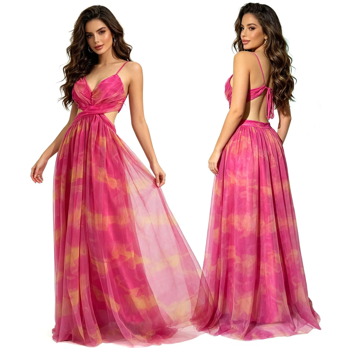 Sexy Tie-Dye Mesh Strapless Dress Deep V Neck Waist-Cinched Long Party Skirt Cross-Border Holiday Style Ethnic Stage Costume