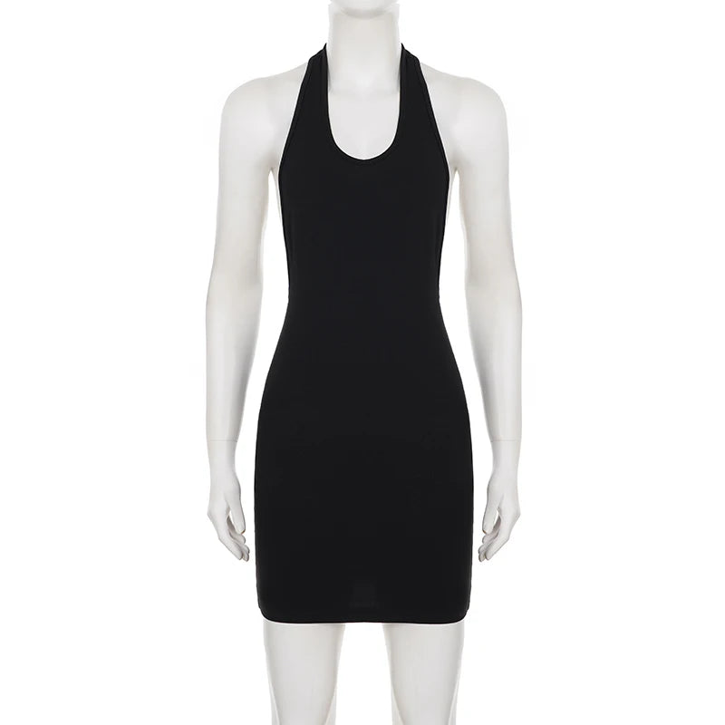 SUCHCUTE Black Sexy Backless Halter Dress Women Sleeveless Low-Neck Party Club Dress Aesthetic 90s Clubwear Clothing Chic Outfit
