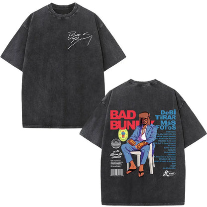 Washed Vintage Rapper Bad Bunny T-shirt Debi Tirar Mas Fotos DTMF Album 2025 T Shirts Men Women Hip Hop Oversized T-shirts Tops