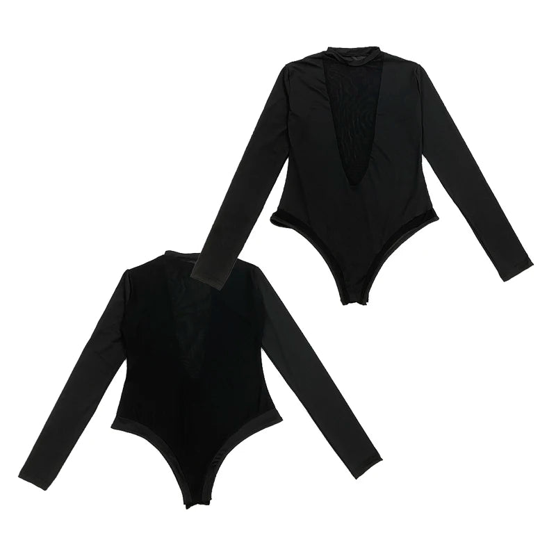 Spring Summer Sexy Deep V-Neck Mesh Splicing Long Sleeve Jumpsuit Fashionable Casual Women's Clothing