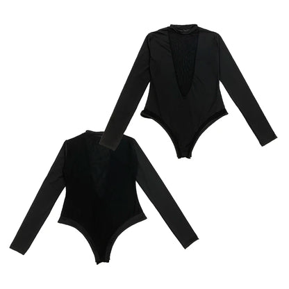 Spring Summer Sexy Deep V-Neck Mesh Splicing Long Sleeve Jumpsuit Fashionable Casual Women's Clothing