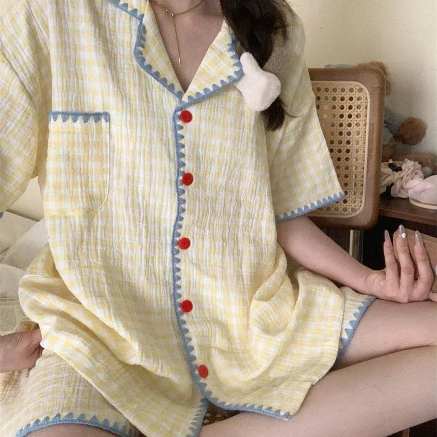 Cute Summer Color-Block Checkered Pajamas for Women: Short-Sleeve Set, Sweet Loungewear Two-Piece Set, Women's Summer Clothing