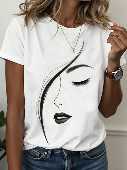 Women's T-Shirt Abstract Face Line Art Graphic Print Tops Casual O-Neck Short Sleeve Tee Summer Outdoor Fashion Female Clothing