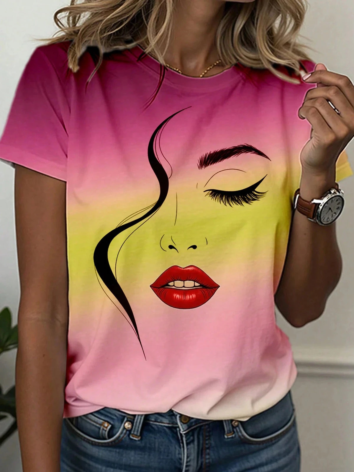 Women's T-Shirt Abstract Face Line Art Graphic Print Tops Casual O-Neck Short Sleeve Tee Summer Outdoor Fashion Female Clothing