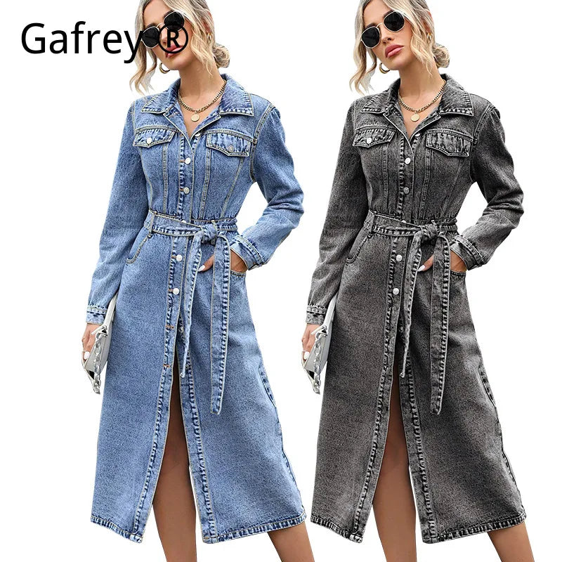 Women Long Sleeve Denim Dress Autumn Winter Slim Waist A Line Jean Dress Casual Bodycon Midi Dresses Fashion Streetwear Outfits