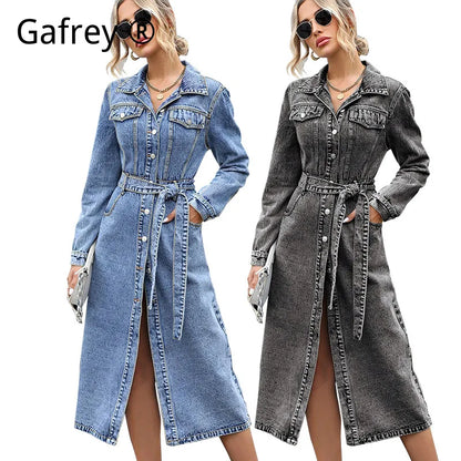 Women Long Sleeve Denim Dress Autumn Winter Slim Waist A Line Jean Dress Casual Bodycon Midi Dresses Fashion Streetwear Outfits
