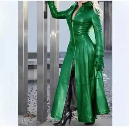 plus Size Slim Fit Zipper Collar PU Leather Jacket Women's Fashion Autumn Winter Long Coat  Color Trendy Female Clothing