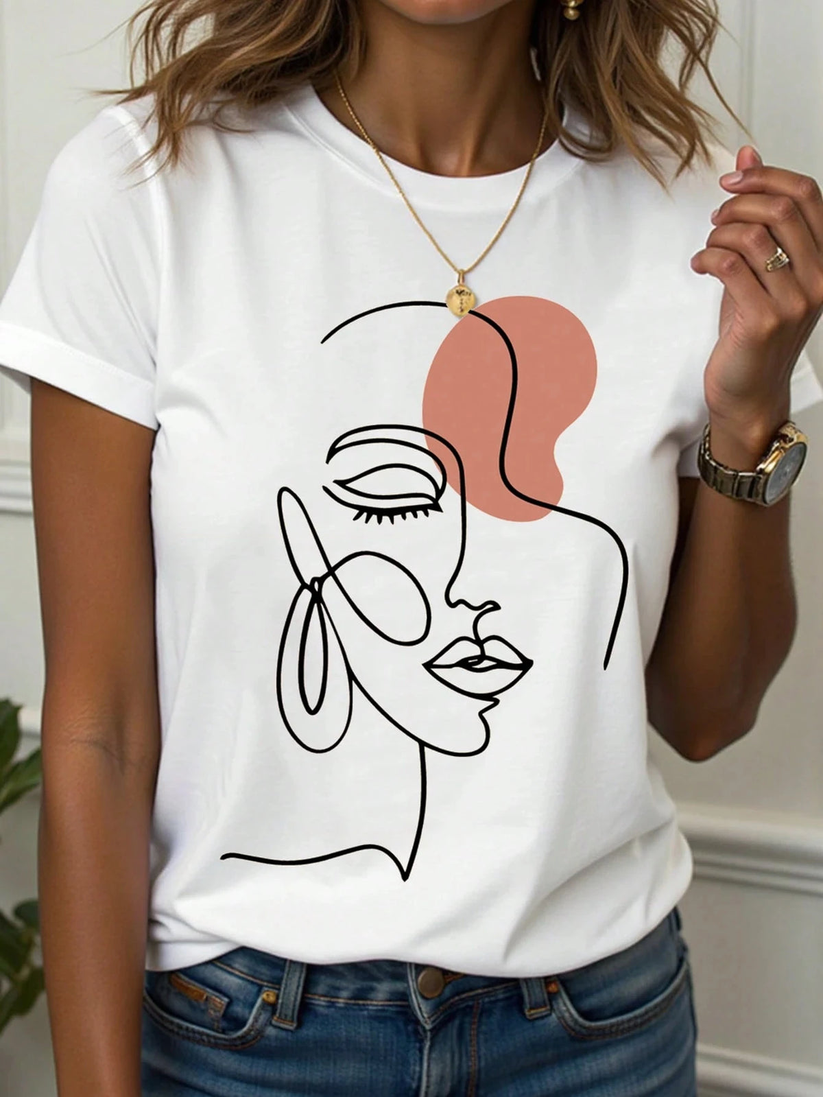 Women's T-Shirt Abstract Face Line Art Graphic Print Tops Casual O-Neck Short Sleeve Tee Summer Outdoor Fashion Female Clothing