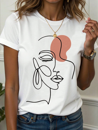 Women's T-Shirt Abstract Face Line Art Graphic Print Tops Casual O-Neck Short Sleeve Tee Summer Outdoor Fashion Female Clothing