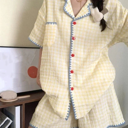 Cute Summer Color-Block Checkered Pajamas for Women: Short-Sleeve Set, Sweet Loungewear Two-Piece Set, Women's Summer Clothing