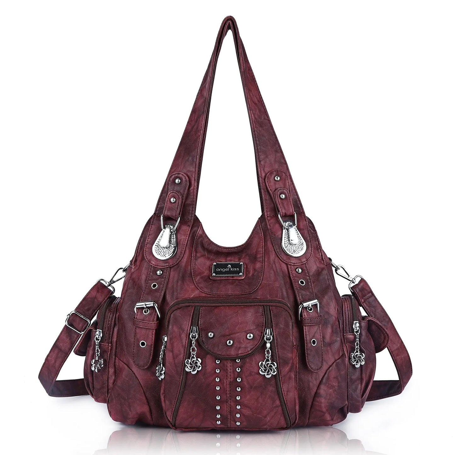 Redemption by Ashley North Angel Kiss large hobo bag in soft PU leather with adjustable strap, multiple pockets, and anti-theft back zipper.
