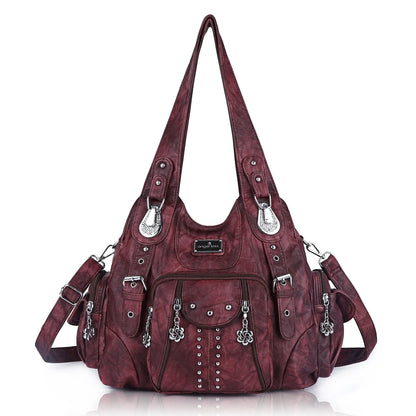 Redemption by Ashley North Angel Kiss large hobo bag in soft PU leather with adjustable strap, multiple pockets, and anti-theft back zipper.