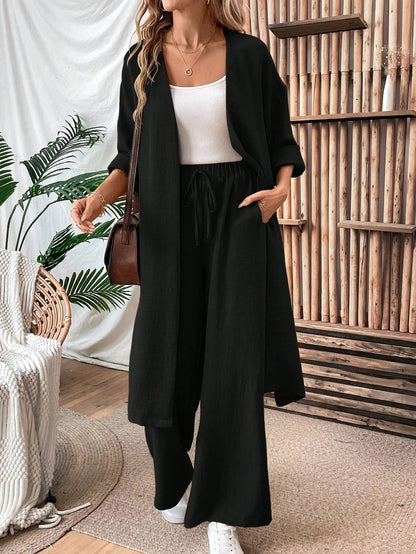 Women Two Piece Outfit Long Open Front Cardigan and Elastic Waist Wide Leg Pants Set Loose Casual Suit for Vacation Daily Wear