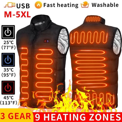 Heated vest with USB connection, temperature indicators, and heating zone display on a white background.