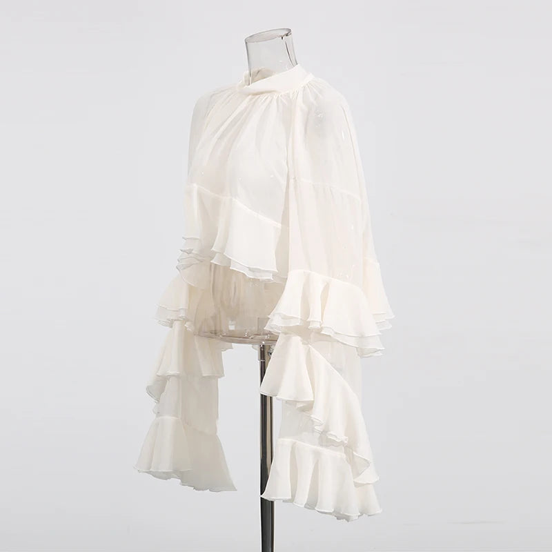 TWOTWINSTYLE Solid Loose Sheer Blouses for Women High Neck Long Sleeves Patchwork Ruffles Folds Elegant Blouse Female Clothing