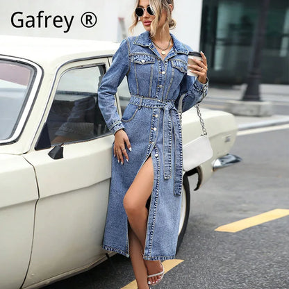 Women Long Sleeve Denim Dress Autumn Winter Slim Waist A Line Jean Dress Casual Bodycon Midi Dresses Fashion Streetwear Outfits