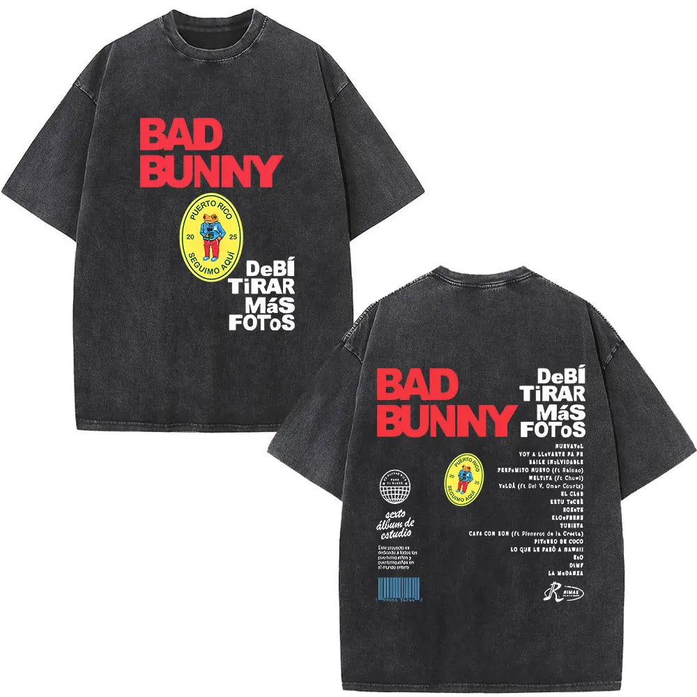 Washed Vintage Rapper Bad Bunny T-shirt Debi Tirar Mas Fotos DTMF Album 2025 T Shirts Men Women Hip Hop Oversized T-shirts Tops