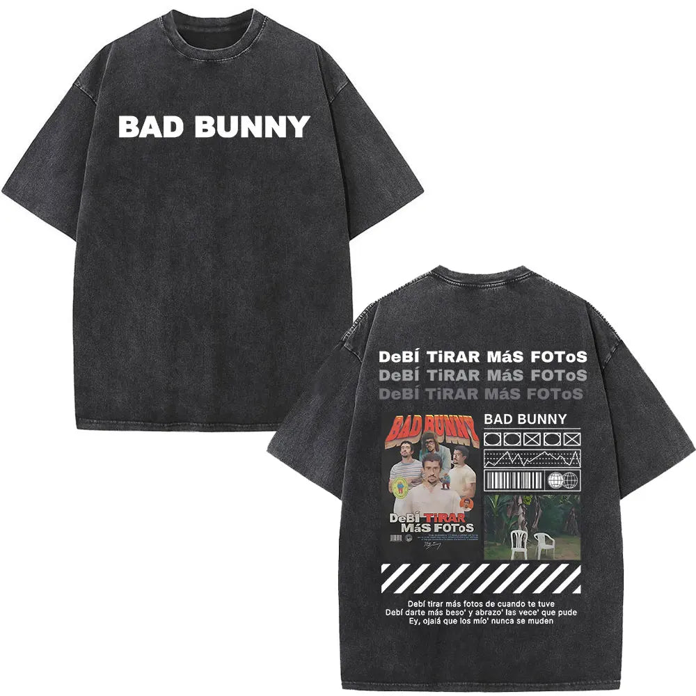 Washed Vintage Rapper Bad Bunny T-shirt Debi Tirar Mas Fotos DTMF Album 2025 T Shirts Men Women Hip Hop Oversized T-shirts Tops