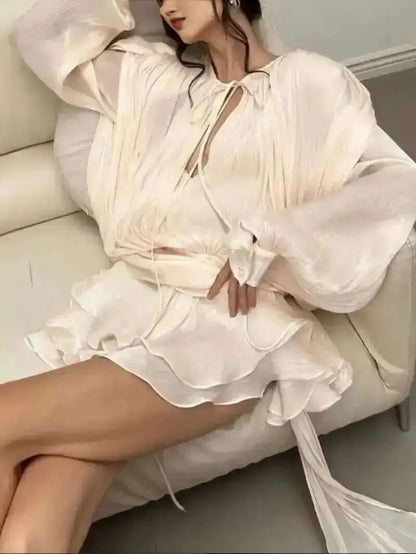 Beige Top Solid Blouse Mini Dresses For Women V Neck Long Sleeve Spliced Lace Up Sweet Style Dress Female Clothing Fashion  P7WI