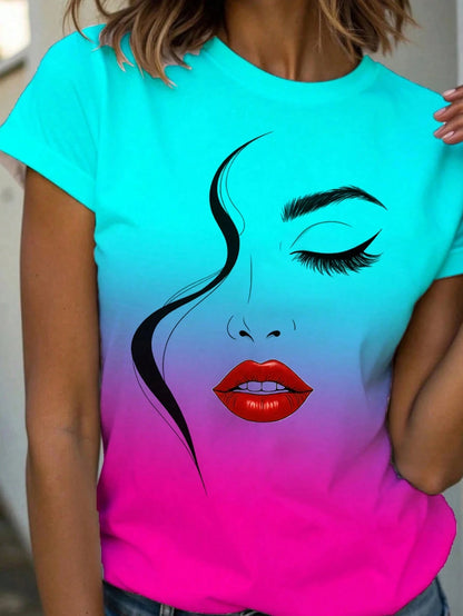 Women's T-Shirt Abstract Face Line Art Graphic Print Tops Casual O-Neck Short Sleeve Tee Summer Outdoor Fashion Female Clothing