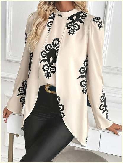 2026 Fashion Women's Long Sleeve Print Blouse, Elegant Office Top with Fake Two-Piece Design