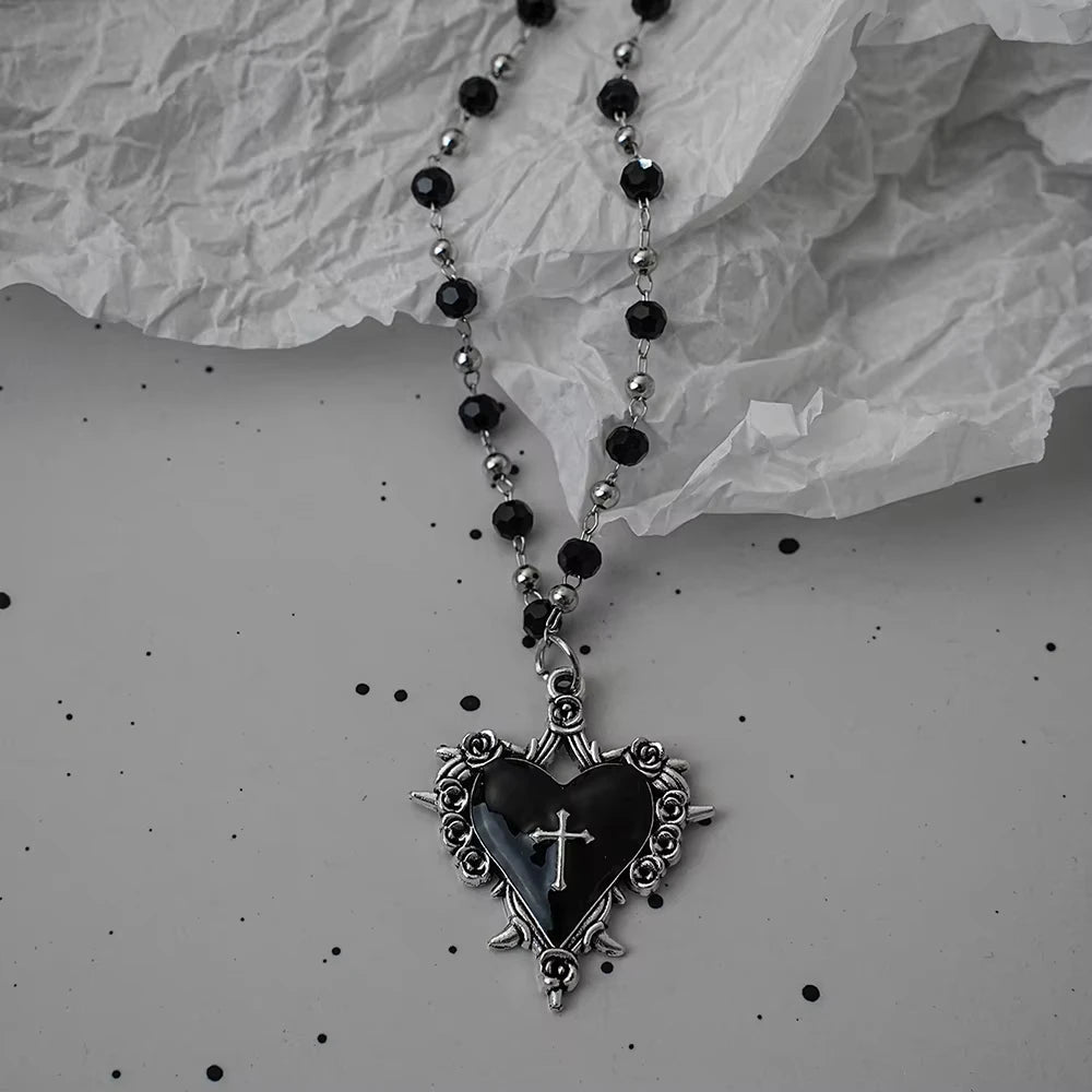 Vintage Gothic Bat Cross Dark Pendant Necklace Y2K Personalized Thorn Love Black Bead Stacked Necklace Suitable Halloween Gifts