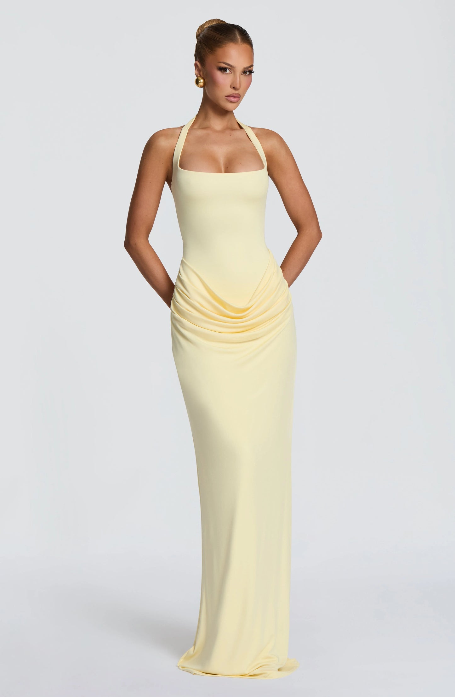 Halter Square Neck Maxi Dress Waist Draped Ruched Bodycon Mermaid Long Gown Elegant Wedding Guest Evening Party Women Dress