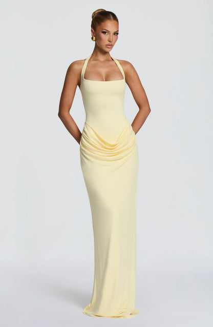 Halter Square Neck Maxi Dress Waist Draped Ruched Bodycon Mermaid Long Gown Elegant Wedding Guest Evening Party Women Dress