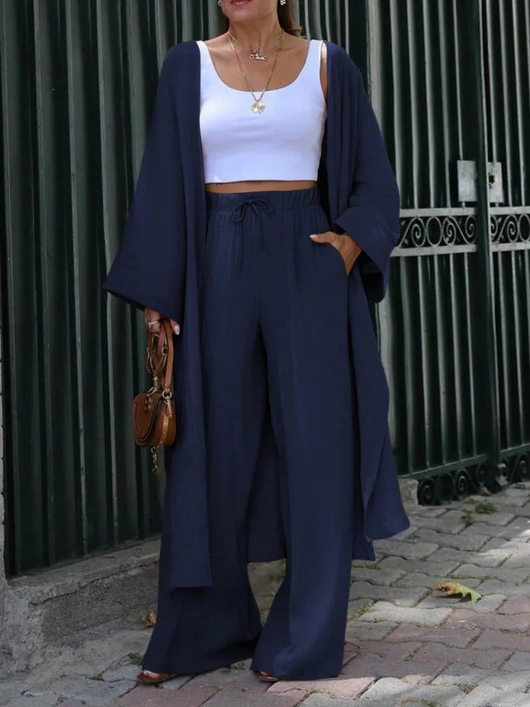 Women Two Piece Outfit Long Open Front Cardigan and Elastic Waist Wide Leg Pants Set Loose Casual Suit for Vacation Daily Wear