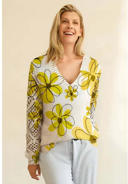 Bohemian Floral V-Neck Pullover | Hollow Print Long Sleeve Knitting Sweater | 2025 Fashion Casual Top (Characters: 78)