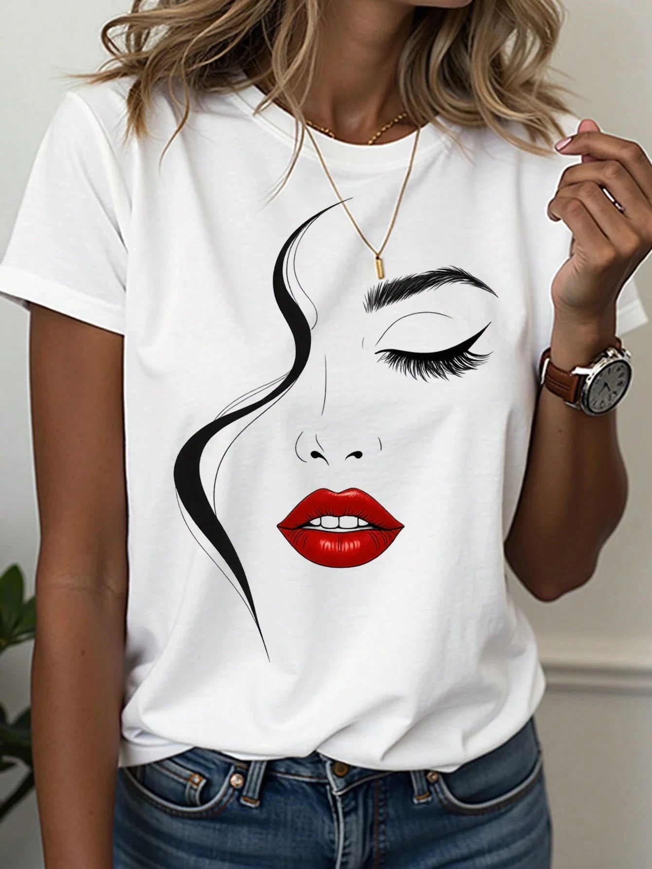 Women's T-Shirt Abstract Face Line Art Graphic Print Tops Casual O-Neck Short Sleeve Tee Summer Outdoor Fashion Female Clothing