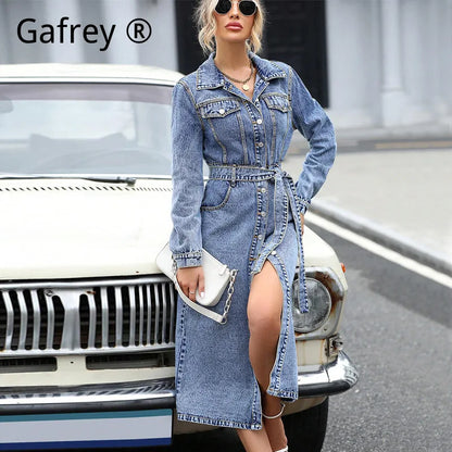 Women Long Sleeve Denim Dress Autumn Winter Slim Waist A Line Jean Dress Casual Bodycon Midi Dresses Fashion Streetwear Outfits