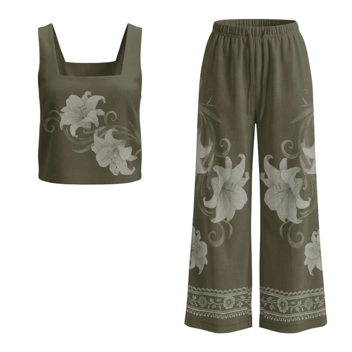 INSTANTARTS Women’s Linen Vest Set Women’s Wide-leg Trousers Lightweight Breathable Soft Comfortable Quick-dry Outfits Flower