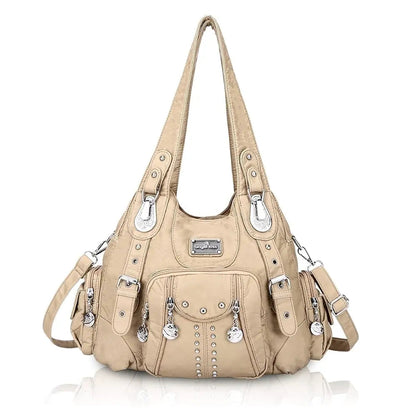 Redemption by Ashley North Angel Kiss large hobo bag in soft PU leather with adjustable strap, multiple pockets, and anti-theft zipper.