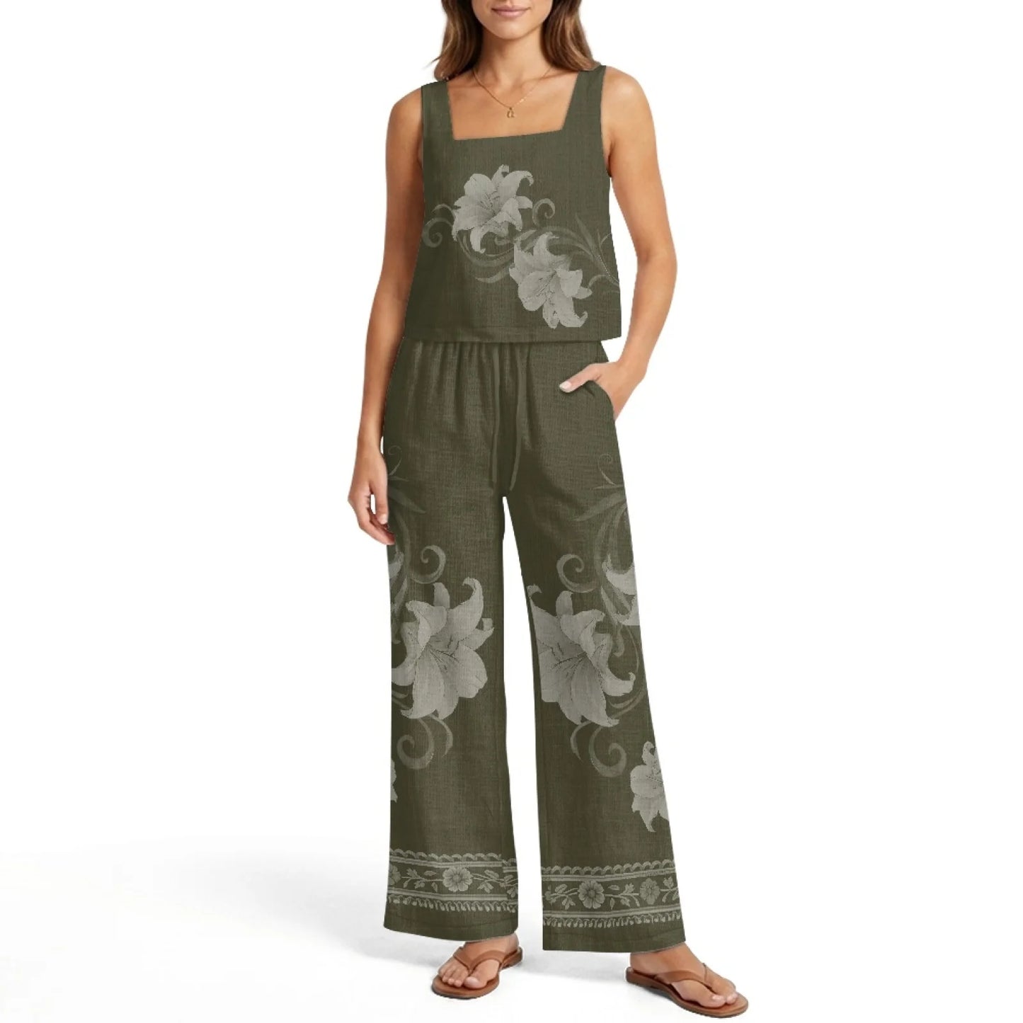 INSTANTARTS Women’s Linen Vest Set Women’s Wide-leg Trousers Lightweight Breathable Soft Comfortable Quick-dry Outfits Flower