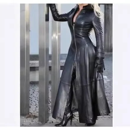 plus Size Slim Fit Zipper Collar PU Leather Jacket Women's Fashion Autumn Winter Long Coat  Color Trendy Female Clothing