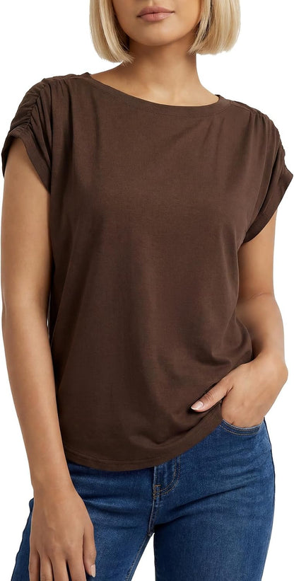 Rooscier Women's Round Neck Cap Sleeve Loose Fit Casual Blouse Tank Top Shirts