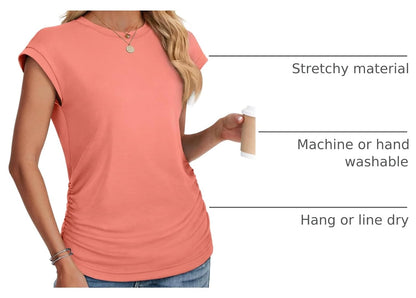 Sampeel Womens Summer Tops Trendy 2026 Ruched Cap Short Sleeve Tshirts Shirts Crew Neck T Shirts Fashion