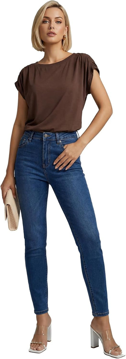Rooscier Women's Round Neck Cap Sleeve Loose Fit Casual Blouse Tank Top Shirts
