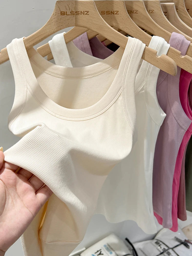 Women Solid Round Neck Ribbed Tank Top Camisole Women 2026 Summer Basic Elastic Tank Top O Neck Solid Tank Top