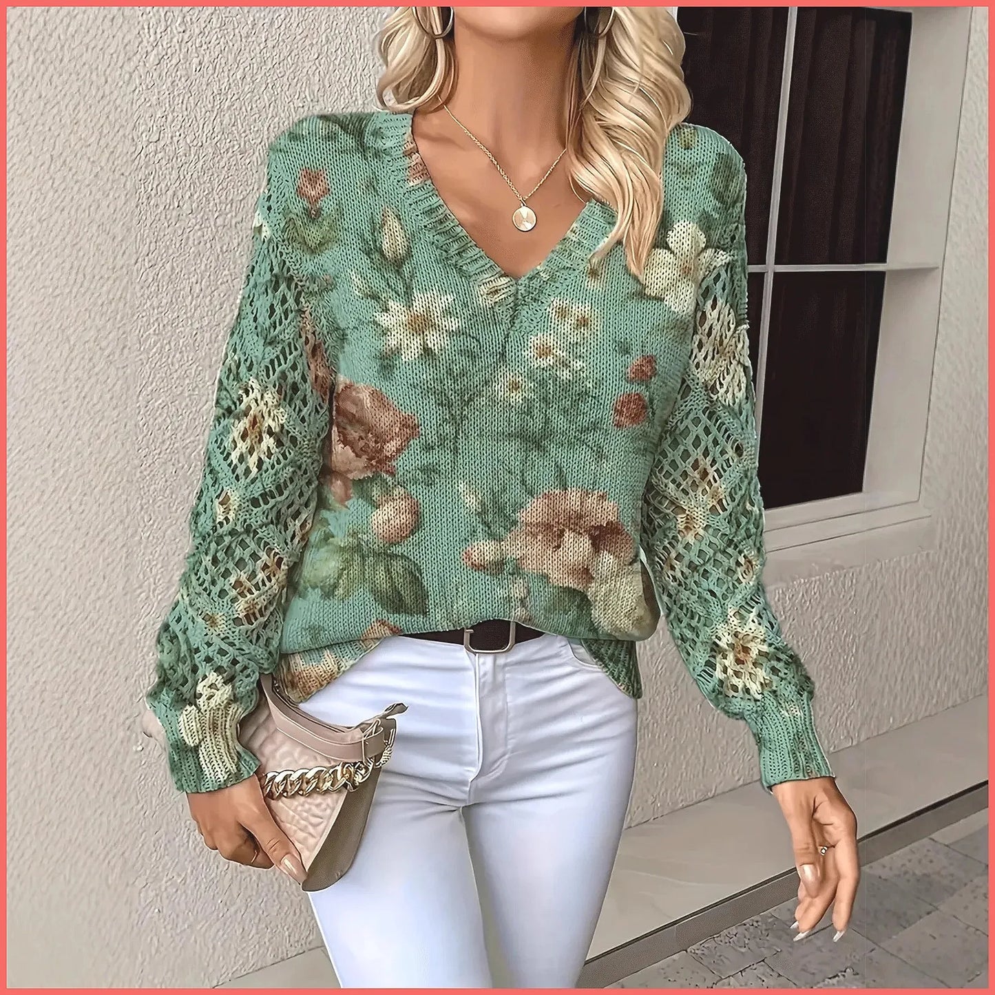 Bohemian Floral V-Neck Pullover | Hollow Print Long Sleeve Knitting Sweater | 2025 Fashion Casual Top (Characters: 78)
