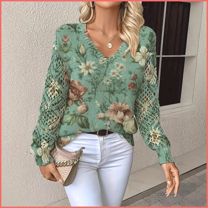 Bohemian Floral V-Neck Pullover | Hollow Print Long Sleeve Knitting Sweater | 2025 Fashion Casual Top (Characters: 78)