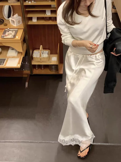 Elegant Lace Splice Satin Half Skirt Women's Summer Fashion Soft Breeze Luxury Straight A-Line Skirt Breathable Polyester Fiber