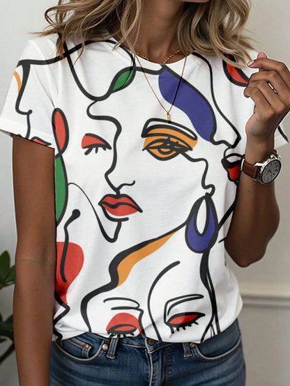 Women's T-Shirt Abstract Face Line Art Graphic Print Tops Casual O-Neck Short Sleeve Tee Summer Outdoor Fashion Female Clothing