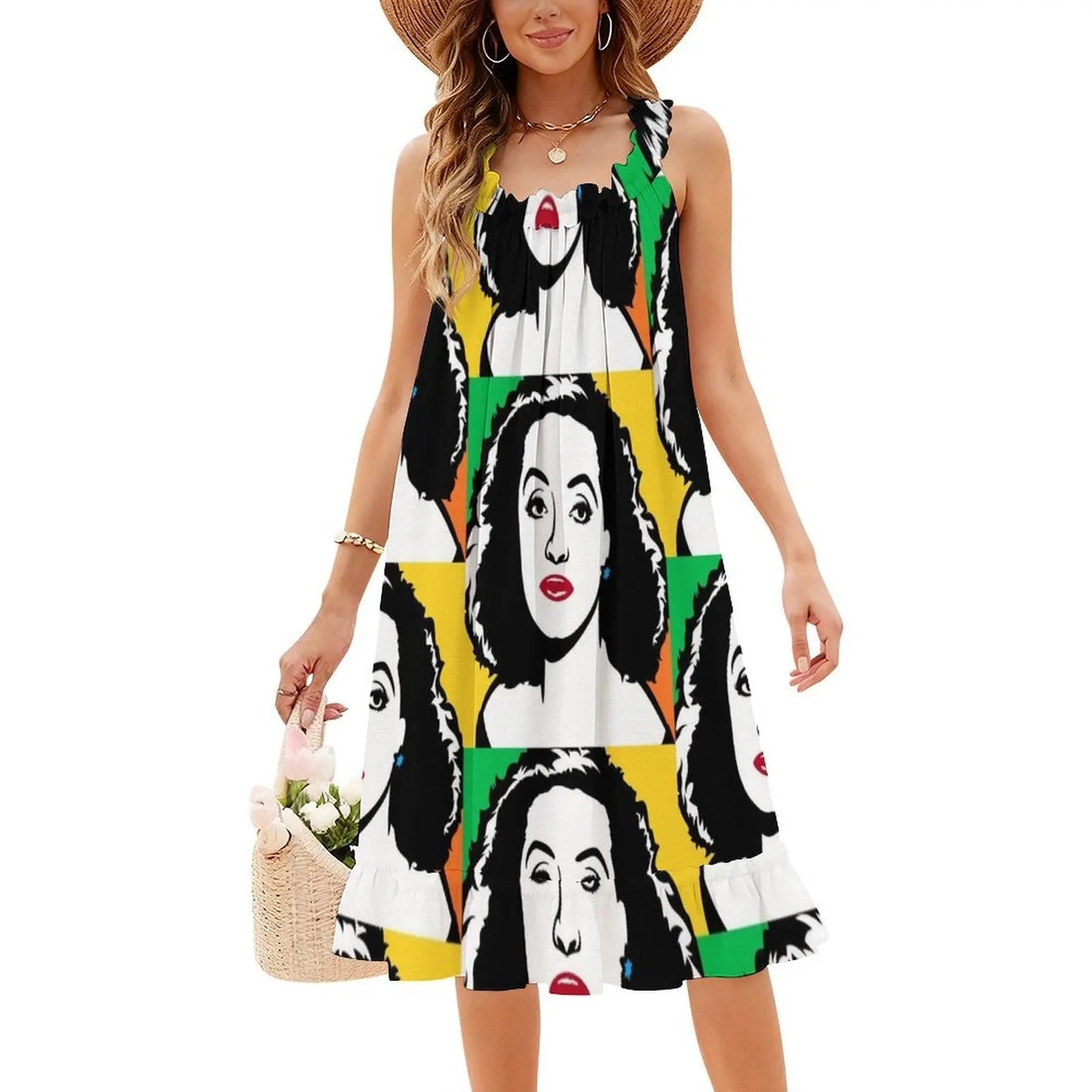 Bette Davis Cartoon Popart Drawing Bohemian Sleeveless Dress For Women Print Beach Party Dresses Bette Davis Cartoon Popart